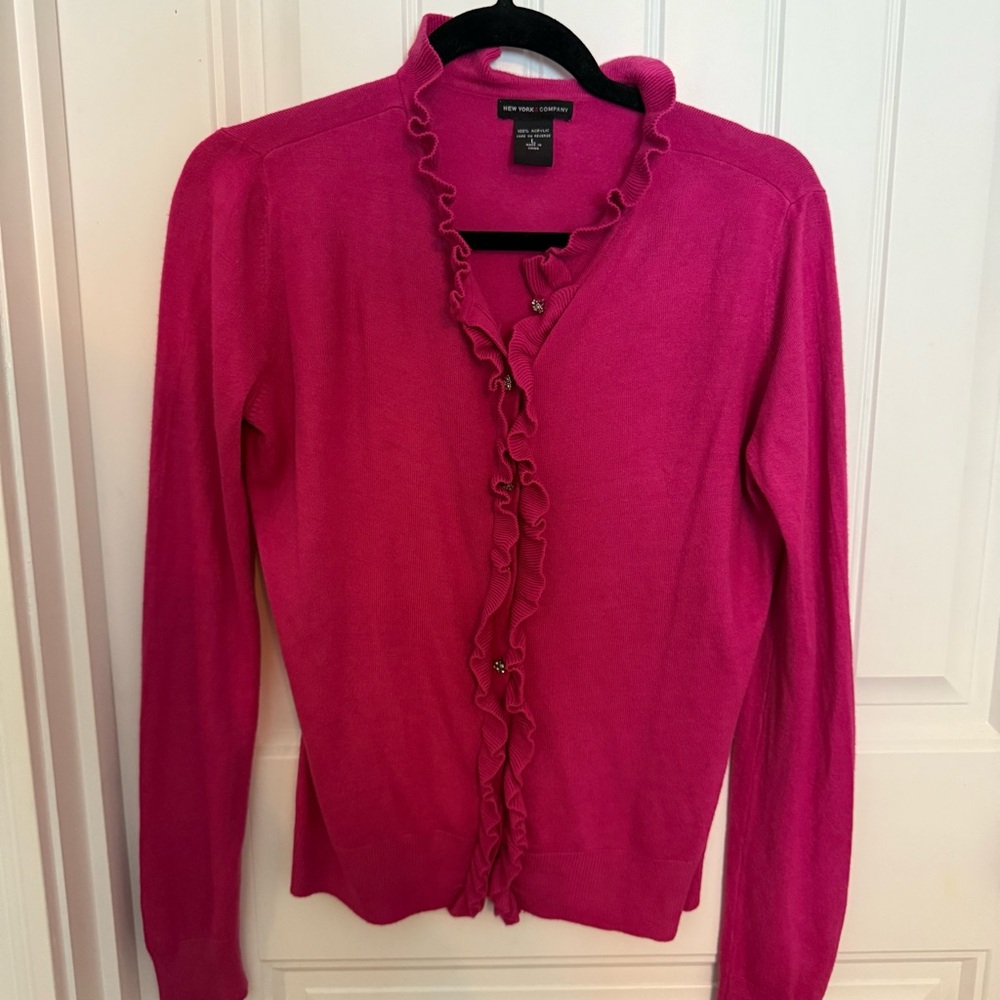 New York & Company Bright Pink Ruffle-Trim Cardigan With Jewel Buttons